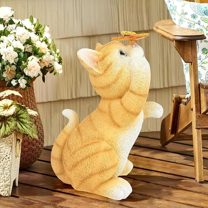 PaLuQiYa Solar Garden Statue Cat Figurine,Resin Cat Statue Playing Butterfly,Outdoor Decoration for Patio,Balcony,Yard, Lawn-Unique Housewarming Gift for Garden Mom Grandma