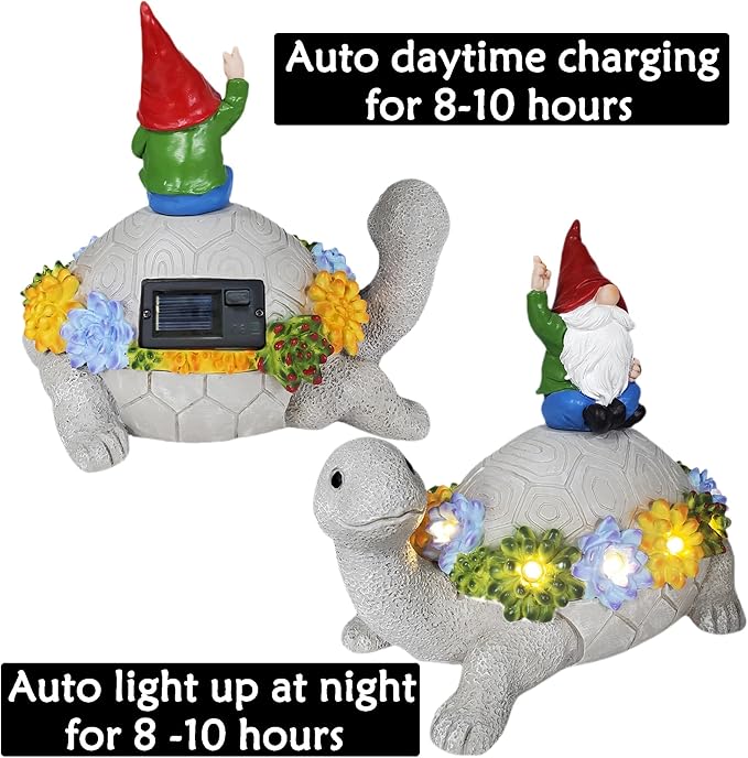 memeyou Gnome Hide a Key Outside Turtle Garden Decor Outdoor Key Hider Statues Funny Decorations for Yard Patio Lawn Solar Figurine with Light Ornaments Housewarming for Women Mom Grandma