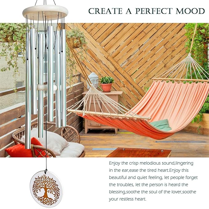 Aoedelyart Wind Chimes Outdoors,33" WindChimes for Loss of Loved One,Memorial/Sympathy Gifts for Mother/Unisex/Father,Tree of Life Wind Chimes for Outside Zen Garden Home Yard Decoration (Silver)