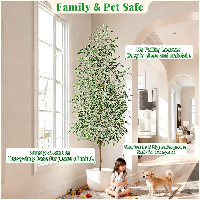 8FT Artificial Ficus Trees Indoor Faux Trees Indoor Fake Floor Plants Tall Artificial Tree with White Pot Faux Tree Fake Indoor Tree Silk Plants Artificial Trees for Home Decor Indoor