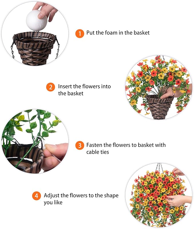 HyeFlora Artificial Hanging Flowers Basket for Outdoor, Fake Flowers Faux Plants Look Real for Yard Gardens Porch Patio Home (Orange+Yellow)