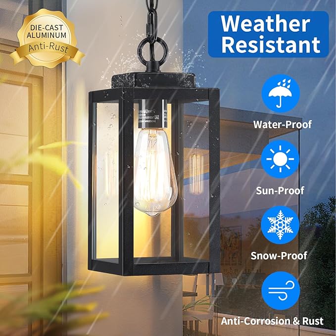 11'' Outdoor Pendant Light, Modern Outside Chandelier Outdoor Hanging Lantern Light, Matte Black with Clear Glass, Exterior Pendant Lighting Fixture for Porch, Yard, Gazebo, 1Pack