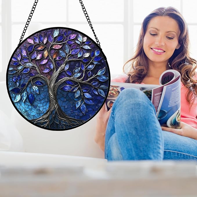 DASTOLL Stained Glass Window Hanging, Blue Purple Tree of Life Sun Catchers Colorful Glass Panel Plants Suncatcher Decor for Birthday for Women,Men,Wife, Lovers, and Mom 14.9x14.9 in