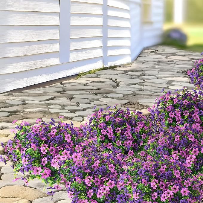 Artificial Flowers for Outdoors 12 Bundles Fake Plants Spring Home Decoration, Realistic Faux Flower Silk Daisy with Eucalyptus Stem UV Resistant Patio Planter Porch Yard Window (Double Purple)