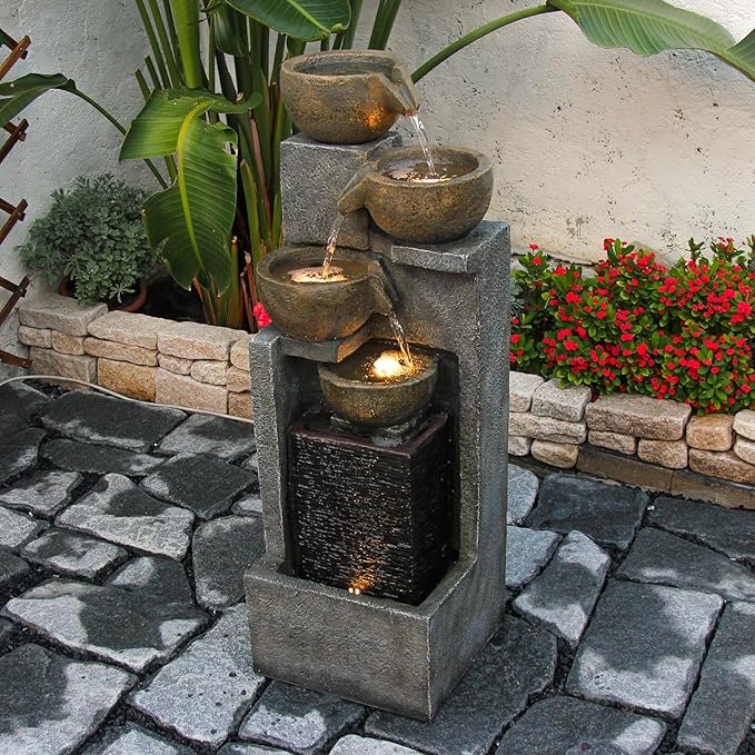 YZM 37.4" H 5-Tier Cascading Bowl Outdoor Water Fountain with LED Lights Freestanding Water Feature for Garden, Patio, Deck and Yard Decor