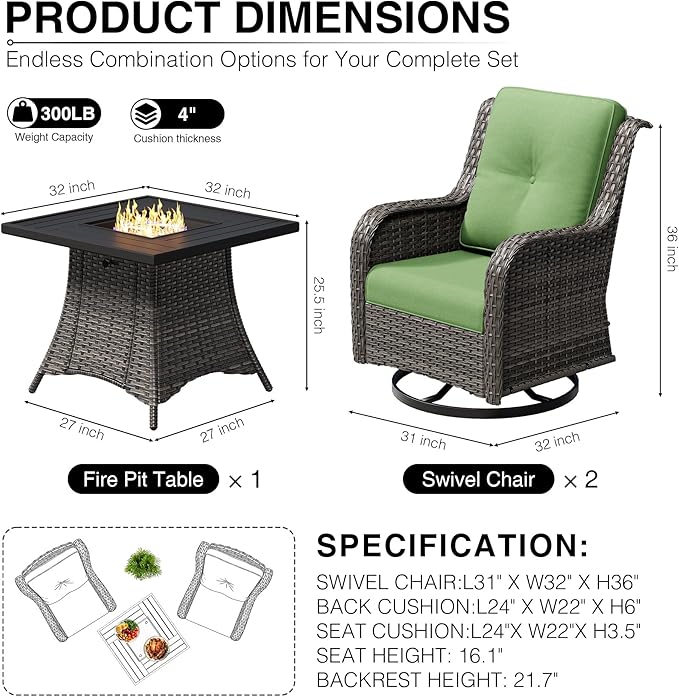Joyside 3 Piece Wicker Patio Furniture Set with Fire Pit Table, Outdoor Swivel Rocker Patio Chairs with High Back, Deep Seating, Wide Armrest, Thickened Cushions, Outdoor Furniture for Deck, Porch Use