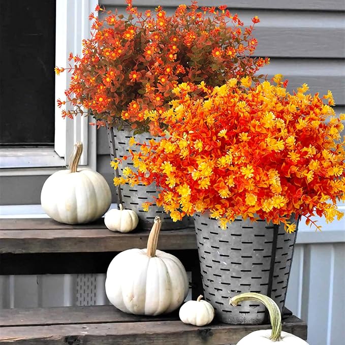 Grunyia 12 Bundles Artificial Fall Flowers No Fade Faux Autumn Plants, Fake Indoor Outdoor Greenery Decorations for Thanksgiving Christmas Wedding Party Home Garden Fireplace Décor (Fall Orange)