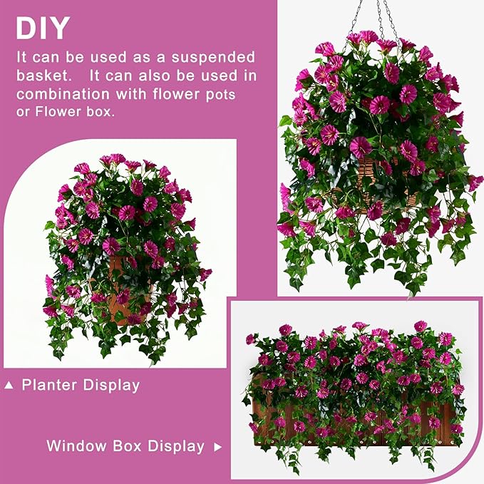 Morning Glory Artificial Hanging Flowers for Outdoors 3 Pcs Fake Petunias Flower Faux Silk Long Trailing Vines Realistic Flower for Front Door Porch Patio Balcony Garden Yard Decor (3 Pcs Fuchsia)