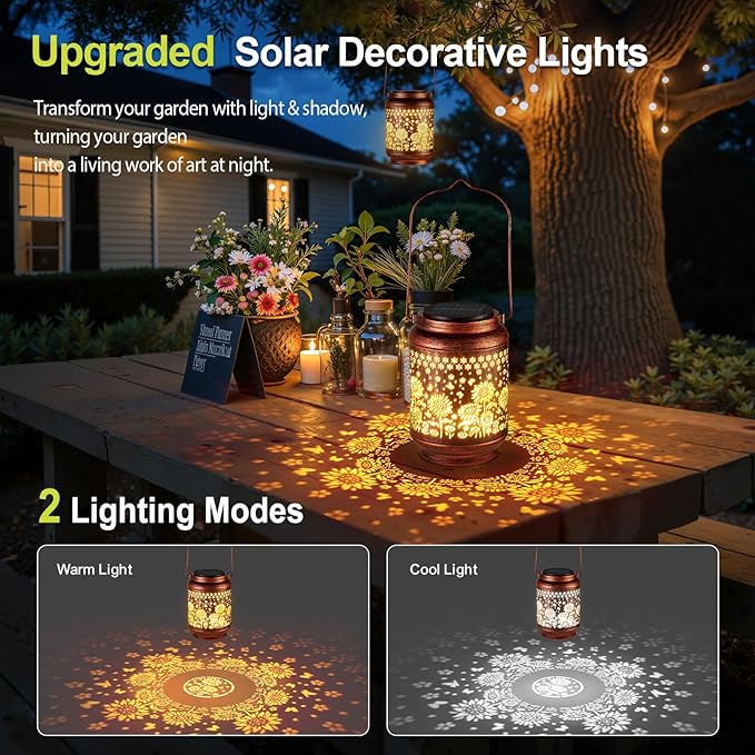 KOOPER Solar Lanterns Outdoor Waterproof Birthday Gifts for Women Mon Grandma, 2 Pack Upgraded Hummingbird Hanging Solar Lantern Lights Outdoor, Metal Outdoor Decoration for Yard, Porch (Sunflower)