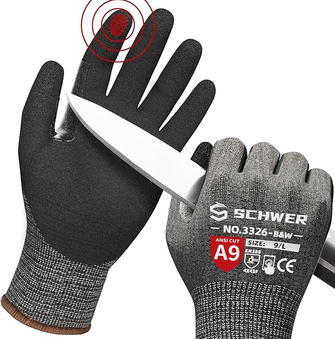 Schwer ProGuard Highest Level Cut Resistant Work Gloves PR3326 for Extreme Protection，ANSI A9 Cut Gloves with Reinforced Thumb, Non Slip, Breathable, Durable, Touch-screen, Non PFAS, Black 1 Pair（L）