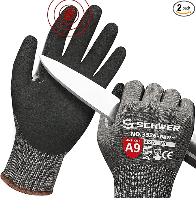 Schwer ProGuard Highest Level Cut Resistant Work Gloves PR3326 for Extreme Protection, ANSI A9 Cut Gloves with Reinforced Thumb, Non Slip, Cooling, Durable, Touch-screen, Non PFAS, Black 2 Pairs（S）