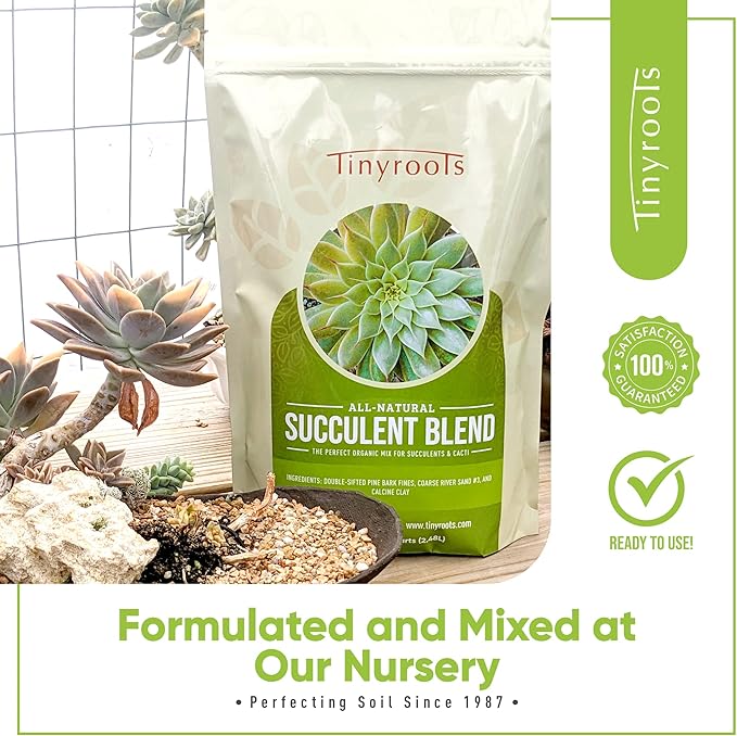 Tinyroots Succulent and Cactus Soil Mix – Fast-Draining 2.25 Qt Indoor/Outdoor Blend with River Sand, Double-Sifted Bark & Calcined Clay, Root Rot Resistant, Greenhouse-Grade Quality