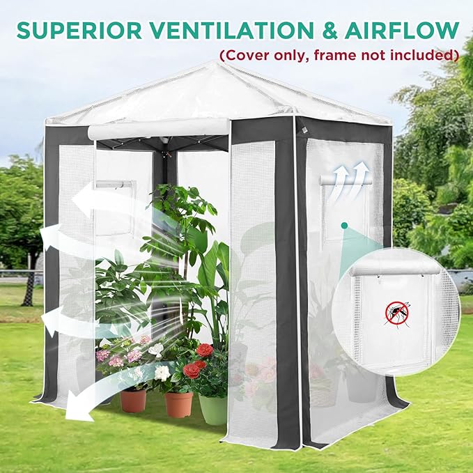 EAGLE PEAK Replacement Cover for 6x4 Portable Pop up Greenhouse with Polyester Reinforced Corners, Front Roll-Up Zipper Entry Door and 2 Roll-Up Side Windows (Frame Not Included), Gray/White