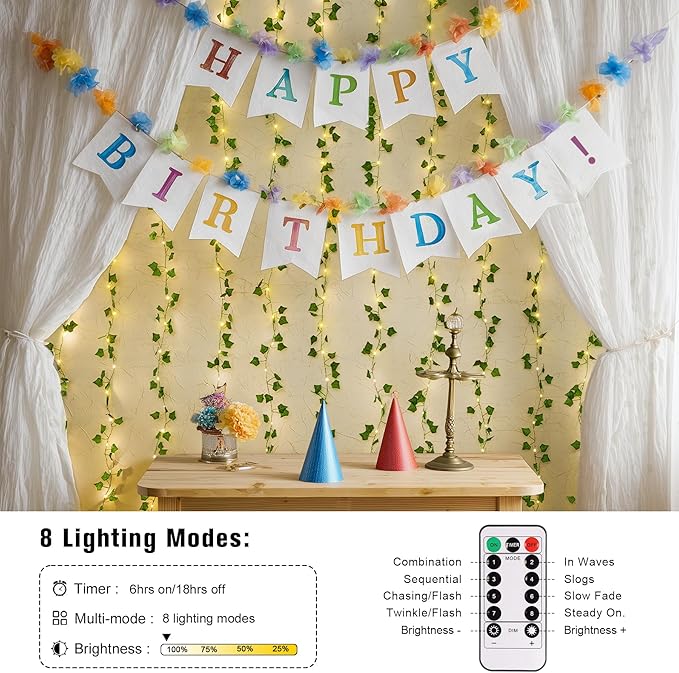 JMEXSUSS Vines Lights for Bedroom, 200 LED Vines Fairy Lights, Artificial Ivy Leaf Light for Wall Curtain Wedding Party Christmas Indoor Decor, 6.5ft x 6.5ft with Remote (Pack of 2)