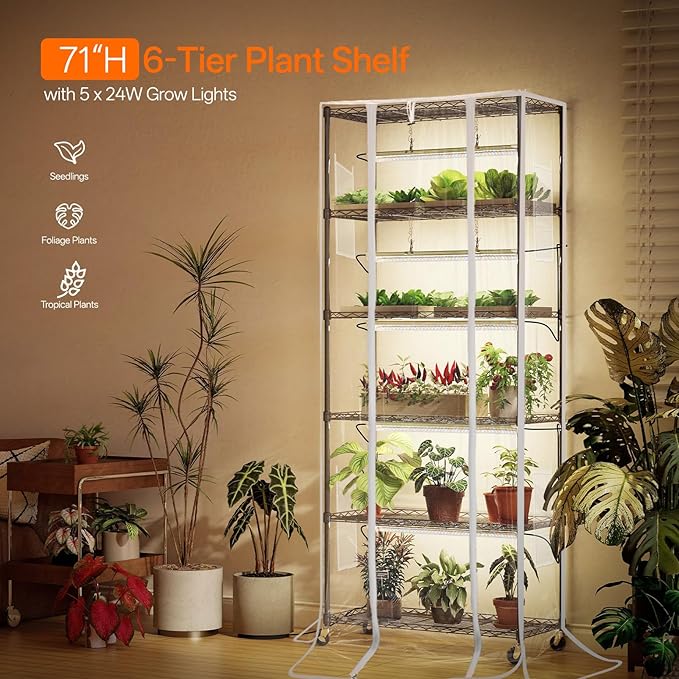 Bstrip Indoor Greenhouse with Grow Light, Mini Green House with 5 Pack T8 Full Spectrum Plant Lights, Plant Shelf with Tent for Indoor Plant, Seed Starting, Seed Tray, 29.5"x13.8"x71"