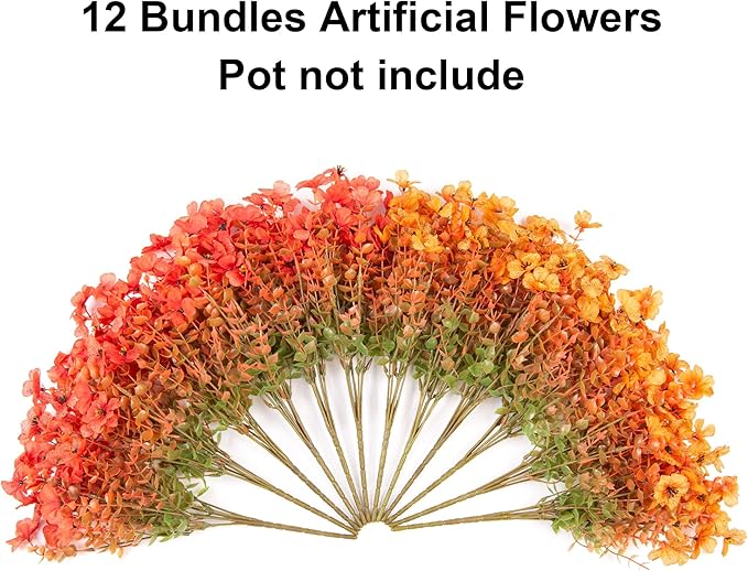 florisso Artificial Fall Flowers Fake Mums for Outdoor Autumn Decoration, 12 Bundles Faux Silk Orange Yellow Mums Daisy Look Real UV Resistant for Outside Home Porch Patio Planter