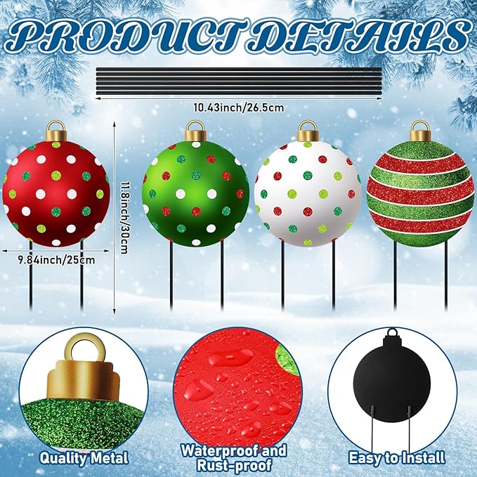 Nuanchu 4 Pcs Metal Christmas Balls Yard Signs Glitter Xmas Yard Sign Stake 21.3 Inches Xmas Waterproof Lawn Signs Christmas Outdoor Decorations for Outside Garden Patio Holiday Home Party Decor