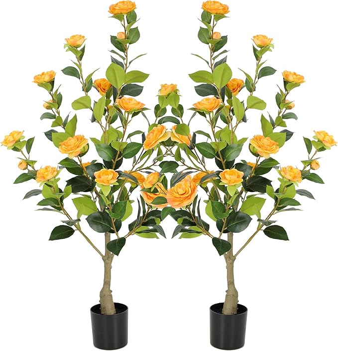 Nafresh 3FT Lush Artificial Orange Camellia Tree Outdoor 2 Pack, 36inch Faux Camellia Plant, Fake Camellia Flowers Tree for Indoor Outdoor Living Room Home Patio Front Door Garden Decor