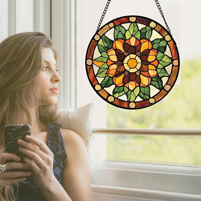 AMDERVEN Stained Glass Window Hanging - Yellow Green Boho Style Flowers Sun Catcher for Door Garden Home Decor Suncatcher Christmas Mother's Day Birthday Gifts for Women Mom Girl Nana Friend 9.8 in