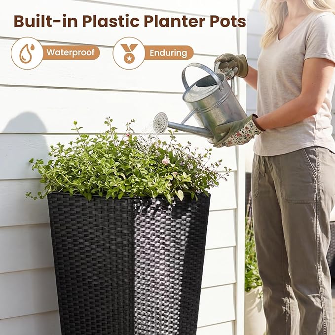 HAPPYGRILL 24" Tall Rattan Plant Pots Set of 2, Outdoor Taper Planter w/Detachable Inner Flower Pots, Metal Frame & Adjustable Foot Pads, Decorative Wicker Planter Boxes for Porch Patio Backyard