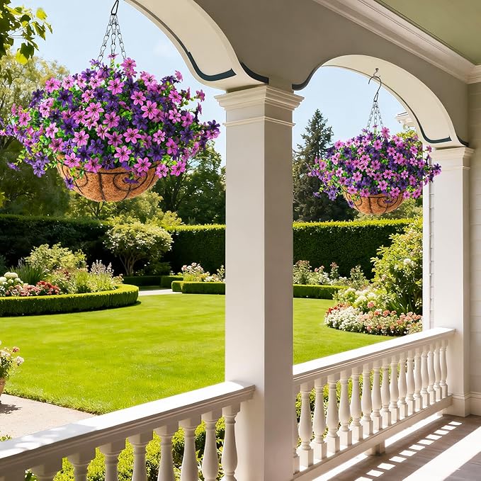INQCMY Artificial Flowers Hanging Baskets for Outdoors Spring Decor, 12 Bundles Fake Plants Faux Silk Daisy with Eucalyptus Stem UV Resistant for Outside Patio Balcony Garden (Double Purple)
