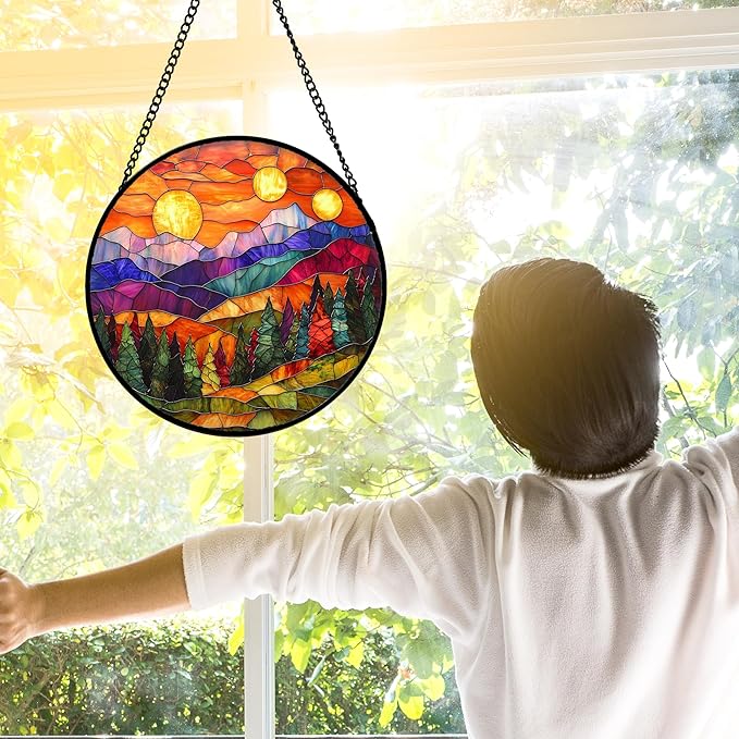 DASTOLL Stained Glass Window Hanging, Sunset Abstract Sun Catchers Colorful Glass Panel Landscape Suncatcher Decor for Birthday for Women, Men, Wife, Aunt, and Mom 11.8x11.8 in