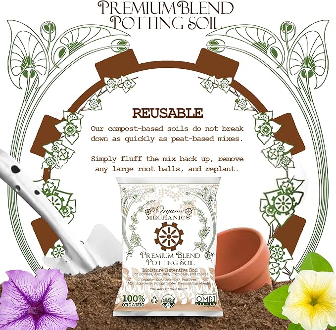 Organic Mechanics Premium Blend Potting Soil, 8 qt (Pack of 4) - Moisture-Retentive, Peat-Free, Compost - Enriched Mix with Worm Castings & Perlite for Houseplants, Annuals, Veggies & Tropical Plants