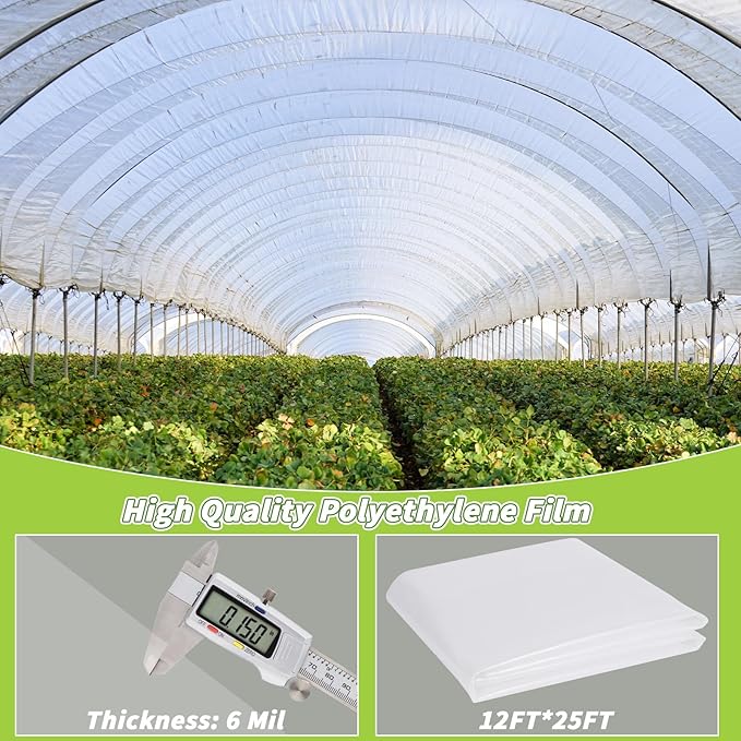Greenhouse Plastic Sheeting 6 Mil,12 x 25 FT Transparent UV Resistant Polyethylene Film, Tear-Resistant Green House Hoop Cover for Gardening, Farming, Nursery, Henhouse, Anti-Drip & Weatherproof