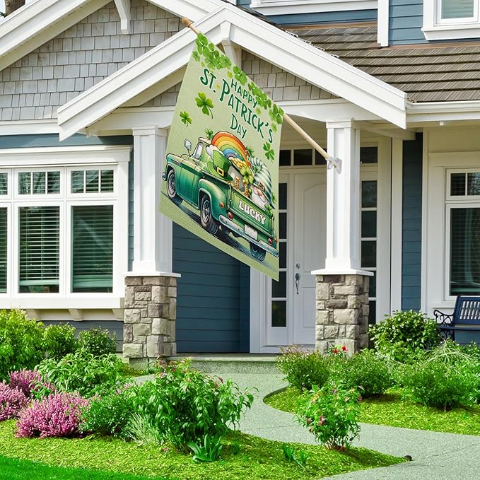 Happy St Patricks Day House Flag 28x40 Inch Double Sided Lucky Clovers Shamrocks Gnome Rainbow Truck Outside Large Holiday Flag for Yard Outdoor Decoration