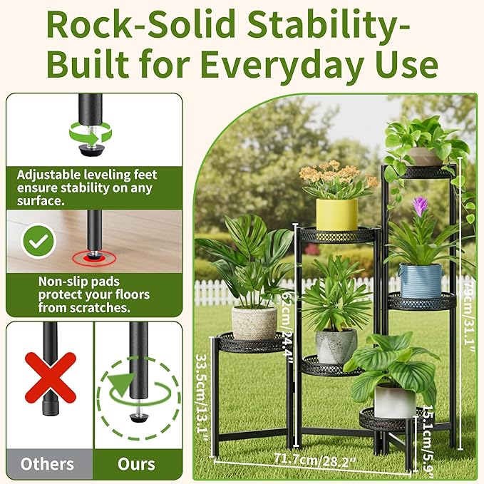 NQW 6 Tier Metal Plant Stand Indoor Outdoor, Corner Tall Plant Shelf for Multiple Plants, Foldable Heavy Duty Plant Holder, Decoration Flower Stand for Living Room Balcony Patio Garden- BlackWave