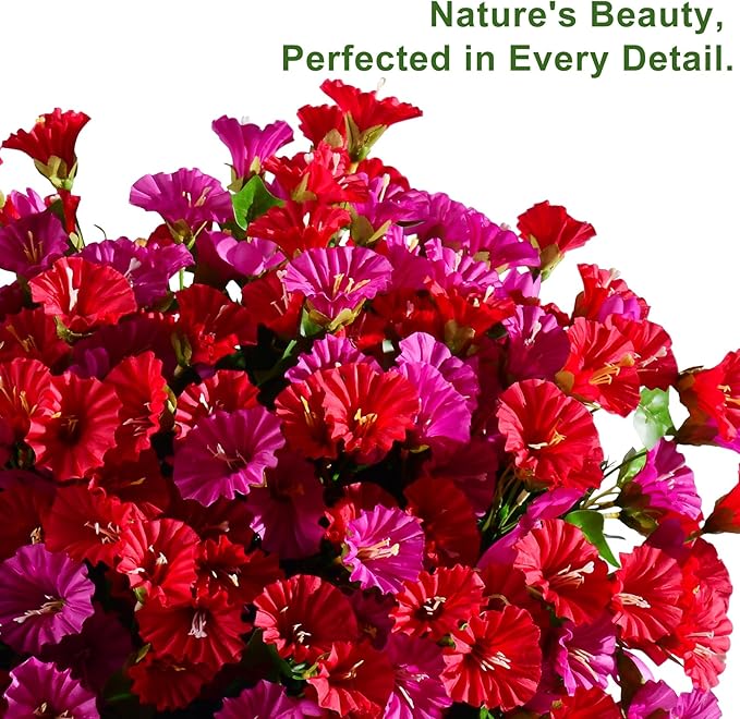 Artificial Morning Glory Flowers Plants for Outdoor 8 Pcs Faux Silk Petunias Flower Realistic Faux Flowers Plants for Outside Planter Porch Yard Patio Balcony Home Indoor Decor (8 Pcs Red+Purple)