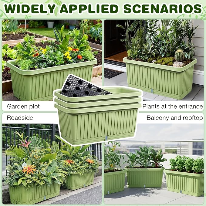 3 Pcs 28 Inches Large Planter Boxes Deep Rectangular Planter Boxes Outdoor Lightweight Plastic Planting Flower Pot with Drainage Holes Plant Pot for Patio, Courtyard, Lawn, Outdoor