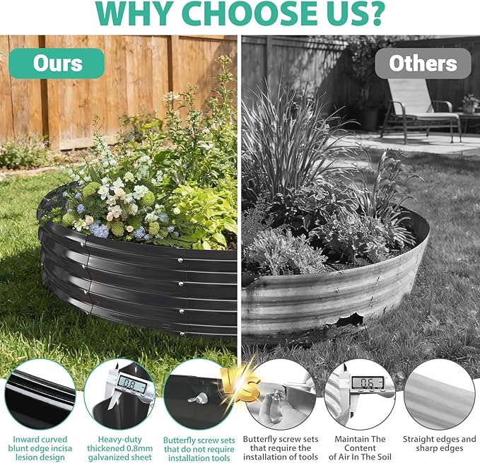 6FT Diameter Galvanized Garden Raised Bed/Plant Box/Fire Pit Ring-0.8mm Thick,12 Inch Tall,Crimped Edge and Corner,No Sharpe,Perfect for Plantings (Black, 72 Dia X 12 inches)