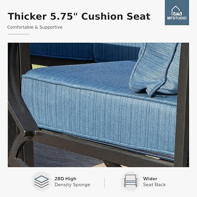 MFSTUDIO 6 Pieces Metal Patio Furniture Sets, 2 Swivel Chairs, 3-Seat Loveseat Sofa, 2 Patio Chairs & 1 Marbling Coffee Table, All Weather 7 Seats Outdoor Conversation Set for Garden, Peacock Blue