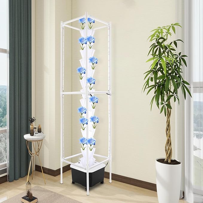 70-Pod Hydroponic Growing System with 8 Full-Spectrum LED Grow Lights, 14-Tier Vertical Indoor Garden Tower Mobile Self-Watering Planter for Herbs, Vegetables (White)