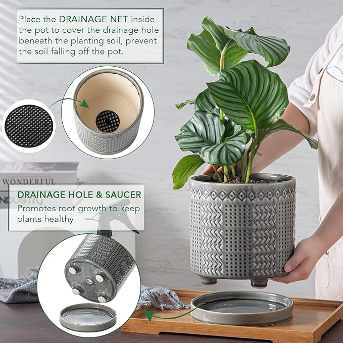 POITONRU Indoor-Outdoor Ceramic Plant Pots: 8 Inch Flower Pots with Drainage Hole & Saucer - Decorative Ceramic Pots for Plants Herbs Succulents - Home Garden Patio Lawn Use