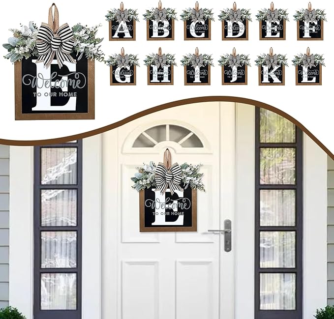 Ultra Large 14'' Last Name All Year Round Front Door Wreath with 26 Initial Letter Welcome Sign All Seasons Eucalyptus Garland and Bow Wreaths for Front Door Porch Farmhouse Decoration (E)