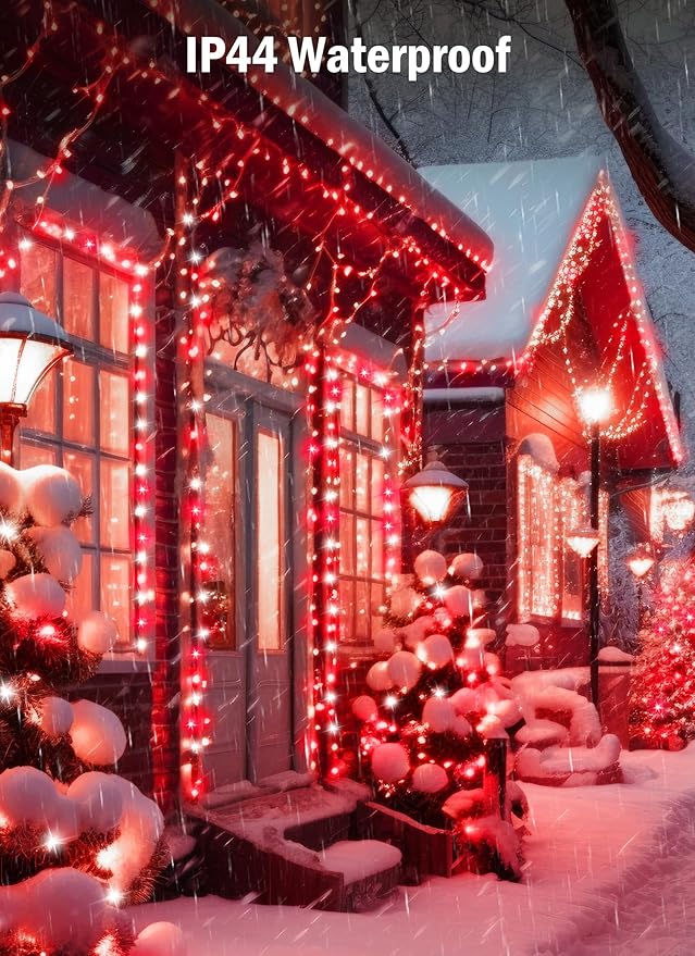 Minetom Christmas String Lights Battery Operated, 2 Pack Total 33FT 100 LED Battery Powered Fairy Lights with Timer, 8 Modes, Waterproof String Lights for Outside Indoor Bedroom Tree, Red & Pure White
