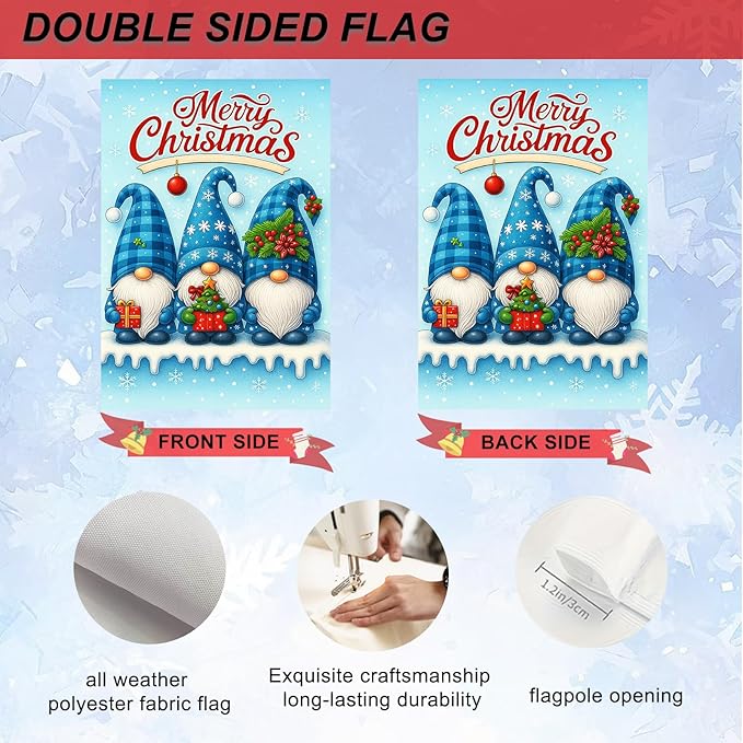 IVN Christmas Garden Flag 12x18 Inch Double Sided Blue Gnomes with Gifts and Snowflakes Outdoor Yard Flag for Outside Home Front Door Lawn Porch Patio Welcome Decor