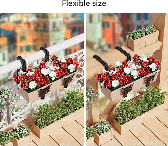6 Pack Window Box Brackets, Adjustable Planter Box Brackets, Universal Flower Box Bracket for Deck Railing, Heavy Duty Railing Planter Bracket for Balcony, Fence and Garden - Black