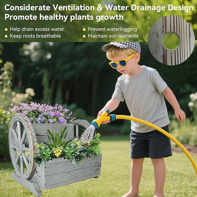 NestNature Wooden Wagon Planter Box,Raised Garden Bed,Decorative Garden Planters with Wheels-Outside Flower Pots for Indoor/Outdoor Décor Plants (Antique Gray)