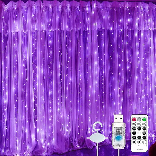 Purple Curtain Light for Bedroom, 300 LED 9.8ft x 9.8ft Window Fairy Curtain String Light with 16 Hooks, 8 Models Remote Control for Wedding Party Home Garden Indoor Decorations
