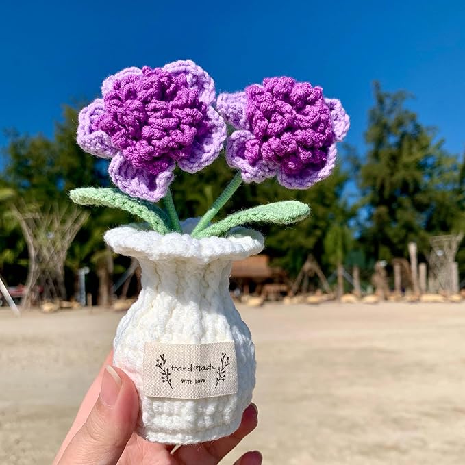 YOOJEE Crochet Paris Polyphylla Flower Pot Handmade Knitted Desk Decor Purple Potted Plant for Home Office