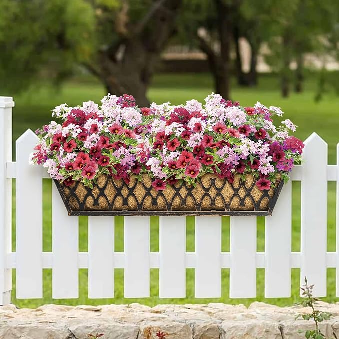 6 Pack 30 Inch Window Boxes Planters Railing Planter Box with Adjustable Brackets for Porch Fence Patio Balcony Hanging Flower Baskets with Coco Liners for Outdoor Garden Decor - Bronze