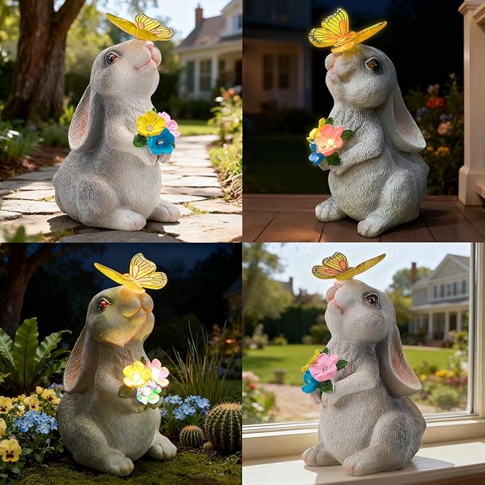 Solar Garden Statue Outdoor Decor, Rabbit Figurine with Butterfly LED Lights, Bunny Statue for Garden, Yard Decor, Lawn Ornament, Housewarming Birthday Gift for Women Mom Grandma