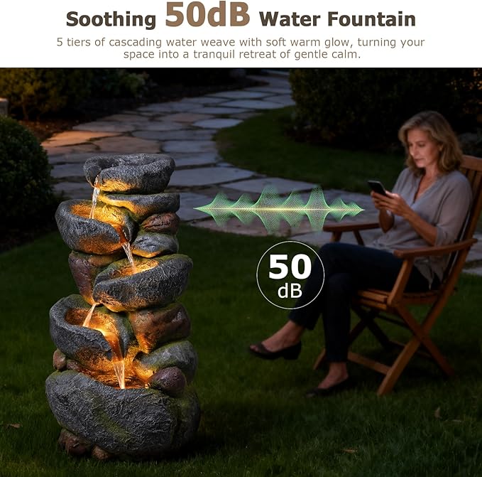 36.2''Tall Rock Outdoor Water Fountain, 5 Tiers Cascading Natural Outdoor Fountains and Waterfalls with LED Lights, Water Feature for Garden, Patio, Deck, Backyard Decor