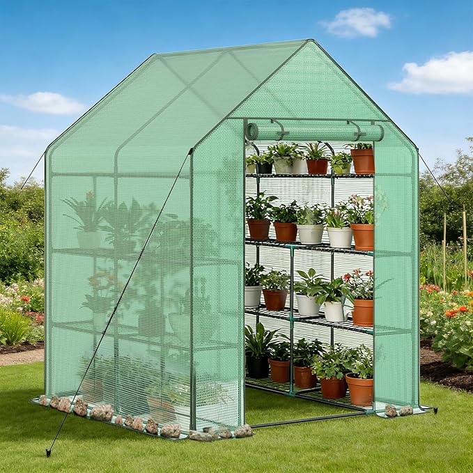 Grezone Walk-in Greenhouse Upgraded Portable Green House with Thicken PE Cover, 3 Tiers 8 Shelves for Outdoors，Heavy Duty Plastic Plant Warm House with Reinforced Frame (56x56x77 in)