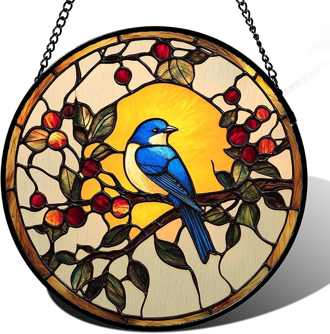 Stained Glass Window Hanging Blue Bird On A Branch 7.8" - Retro Suncatcher Door Garden Sunroom Sun Catcher Home Decor Birthday Christmas for Mom Men Woman Nana