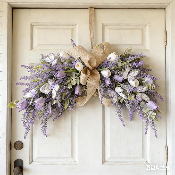 Valentine's Day Artificial Heart Shaped Teardrop Swag Wreaths Spring Summer Fake Flower Wreath for Gifts Festival Front Door Window Wall Decor (1, Purple Tulips)