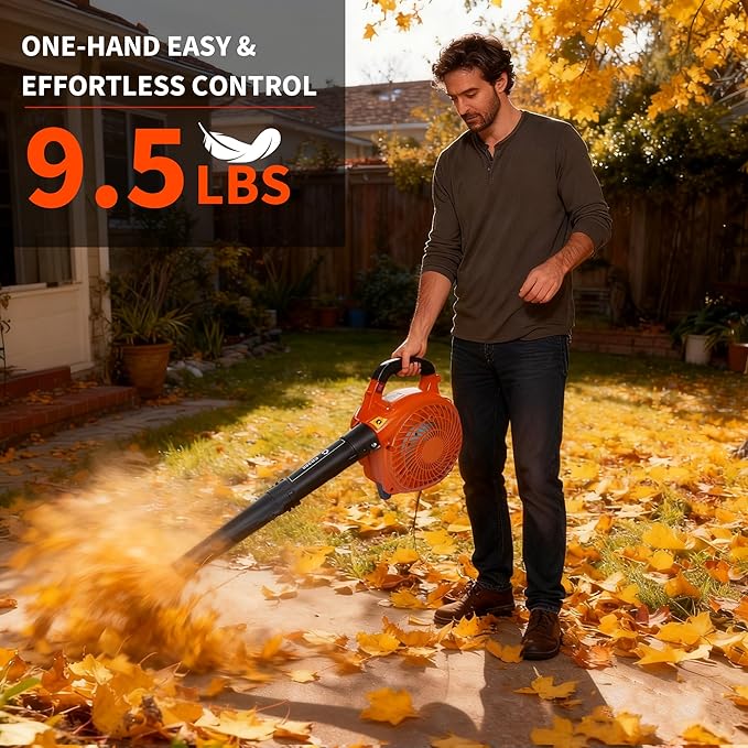 28 CC Gas Leaf Blower, 490 CFM 280 MPH, 1.1-HP 2-Stroke, Handheld Gas Powered Leaf Blower, Lightweight, Powerful Clearing Performance for Lawn Care, Driveway Cleaning and Light Snow Removal